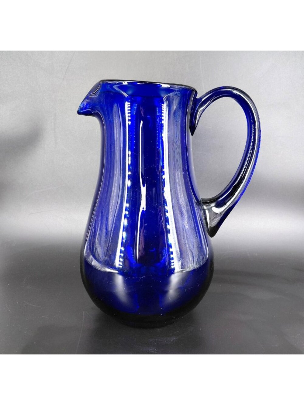 Hand Blown Cobalt Blue Glass Pitcher Water Jug Applied Handle Art Decor 9.5"